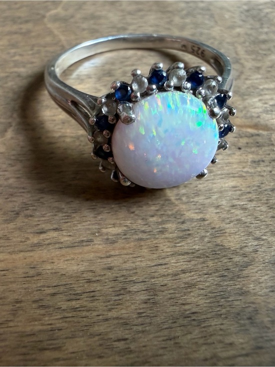 925 Sterling Silver Jewelry - Sterling Opal Halo Ring with Blue Sapphire Accents - White Opal sz 10.5